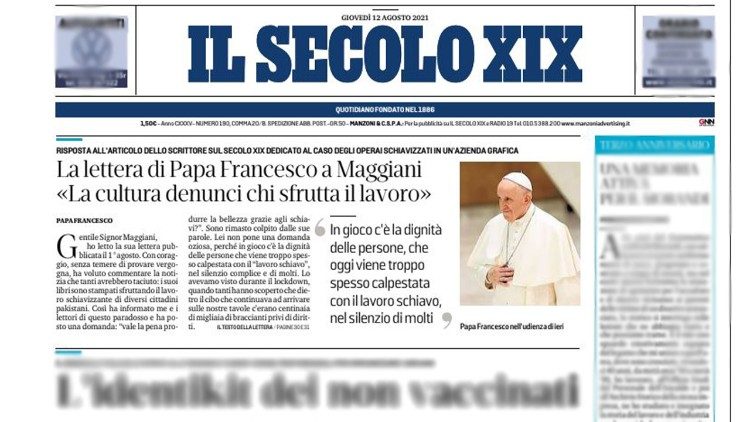 La prima pagina del Secolo XIX del 12 agosto con la risposta del Papa a Maurizio Maggiani