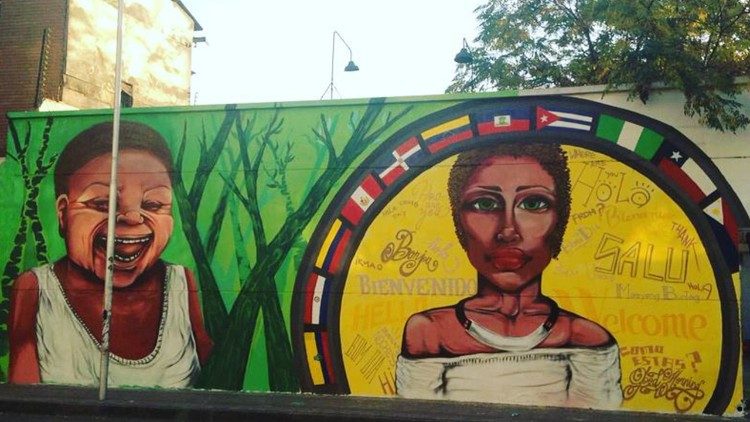 Mural exterior de la Fundación Fré, que en Santiago de Chile acompaña a los inmigrantes haitianos. (Foto Facebook Fundación Fré)