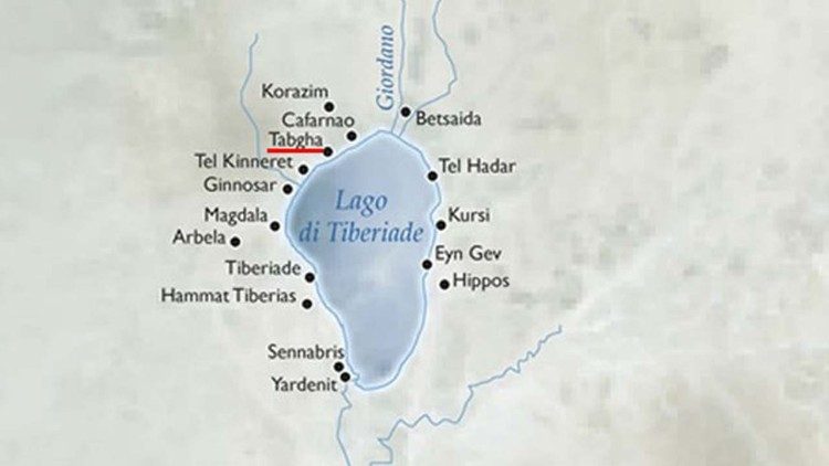 La mappa del lago di Tiberiade, scenario di molti degli episodio più importanti della vita di Gesù e egli apostoli