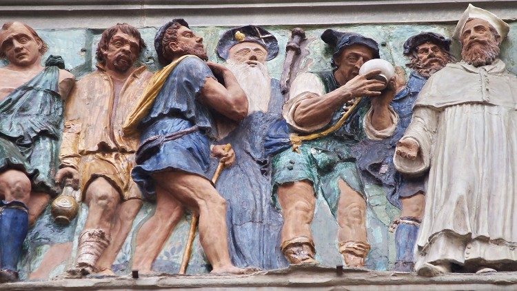 Filippo di Lorenzo Paladini, "Dare da bere agli assetati" (1583-86) , particolare dal fregio in terracotta invetriata con le Sette opere di misericordia, Pistoia, Spedale del Ceppo