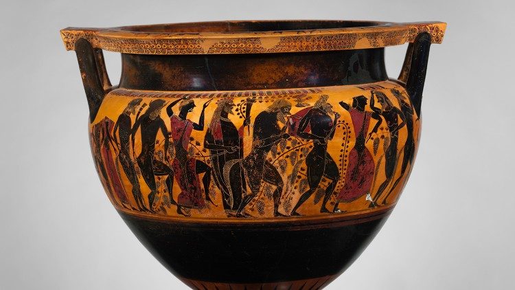 Dioniso tra satiri e menadi, Cratere a colonnette attribuito al pittore di Lydos (550 a.C..), Metropolitan Museum of New York . Questo grande vaso serviva a mescolare vino e acqua durante il simposio greco.
