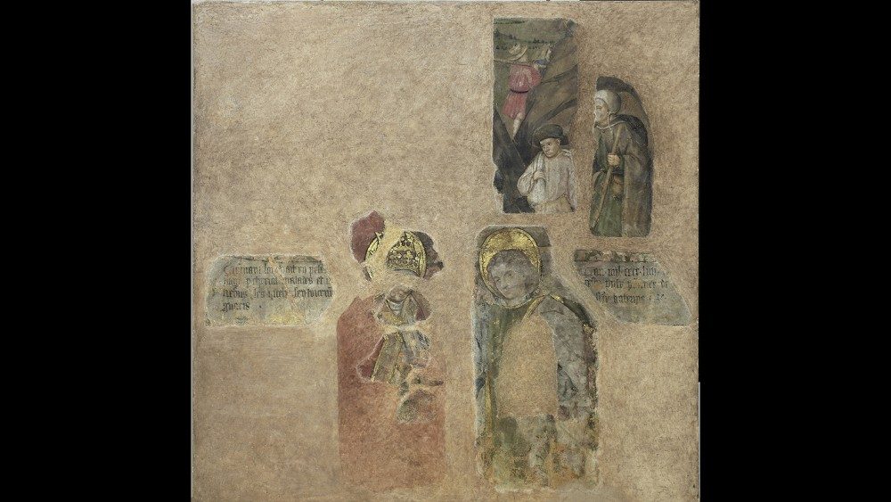 Antoine de Lonhy, San Fabiano, san Sebastiano e pellegrini in adorazione delle reliquie di santa Caterina 1454 Frammenti di pittura murale staccata Tolosa, Museé des Augustins