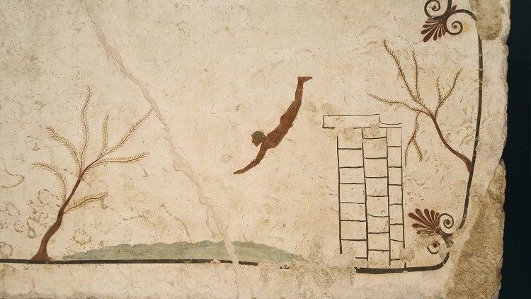 Tomba del Tuffatore, affresco su lastra di copertura di tomba a cassa , 480-470 a. C., Paestum