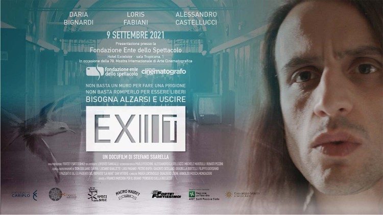 La locandina del docufilm "Exit", con il volto di Alex, interpretato da Loris Fabiani