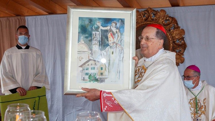 Il cardinal Beniamino Stella con il quadro