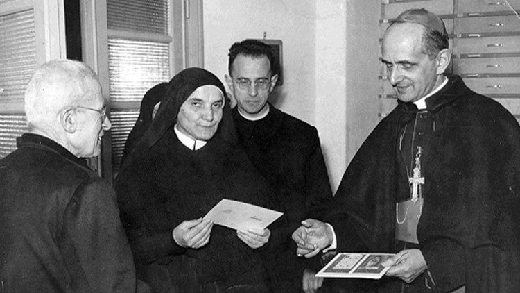 Blessed James Alberione with Mother Thecla Merlco, co-foundress of the Daughters of St Paul with then Archbishop Giovanni Battista Montini, 29 December 1954
