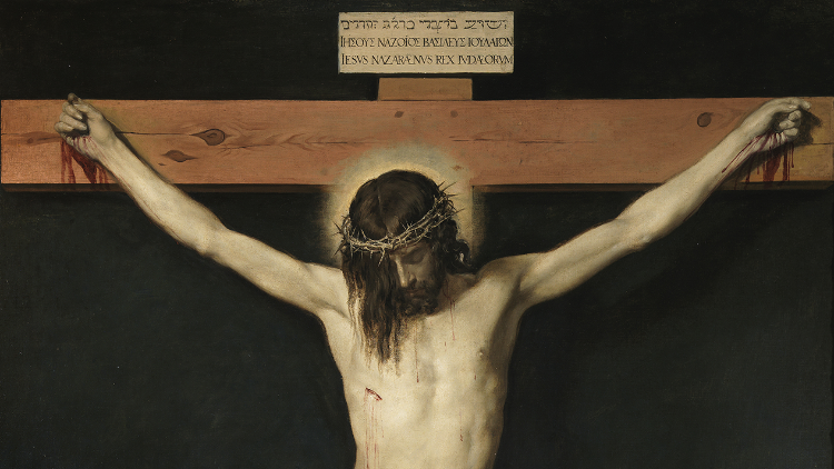 Gesù sulla Croce. L'iscrizione è in tre lingue: greco, latino e aramaico.