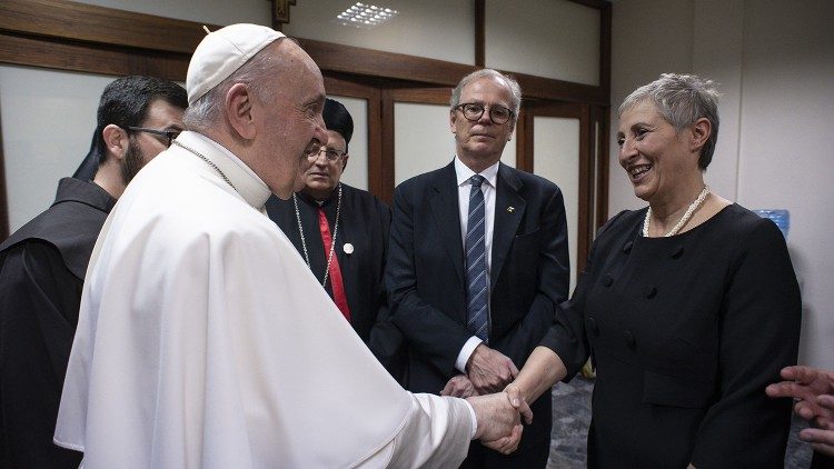 Pope Francis greets Salpy Eskidjian, founder of "Religious Track" at the Nunciature in Nicosia during his apostolic visit to Cyprus
