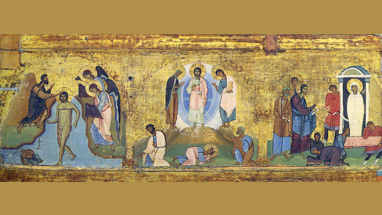 Battesimo, Trasfigurazione, Risurrezione di Lazzaro,  frammento di epistilio, XII secolo, tempera su tavola, Monastero di Santa Caterina, Sinai, Egitto