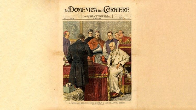 Copertina della "Domenica del Corriere" del 29 marzo del 1903: tramite un fonografo viene registrata la voce di Papa Leone XIII che recita l’Ave Maria