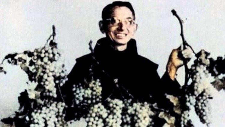 Padre Cosma Spessotto tra i grappoli d'uva