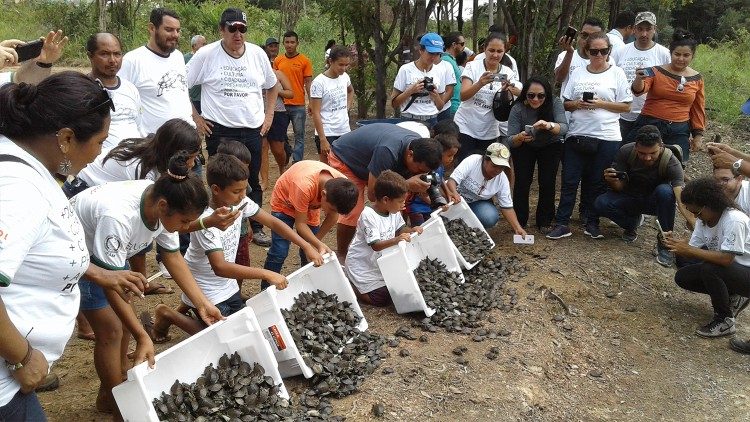 La comunità Igapó Açu festeggia la liberazione dei figli di cheloniani nella natura