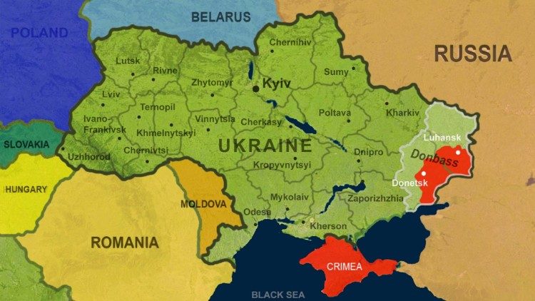 Mappa dell'Ucraina. In rosso le regioni contese