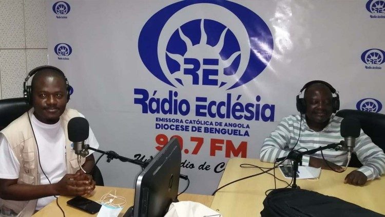 Journalist Anastácio Sasembele with Father Bonifácio Tchimboto at Radio Ecclesia in Angola.