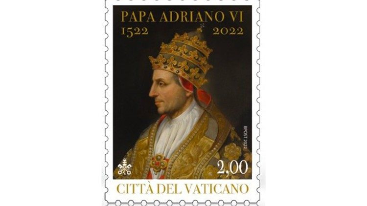 Timbre à l'effigie du Pape Adrien VI, émis par l'Office philatélique et numismatique de l'État de la CIté du Vatican 
