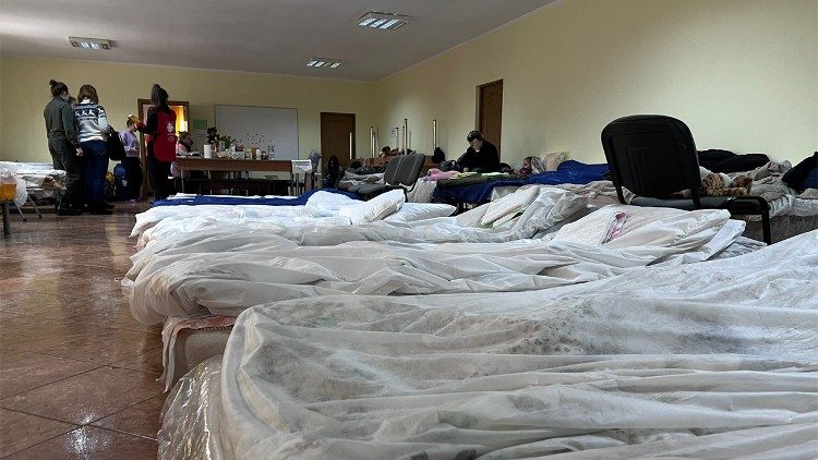 Beds set up for Ukrainian refugees in Siret, Romania