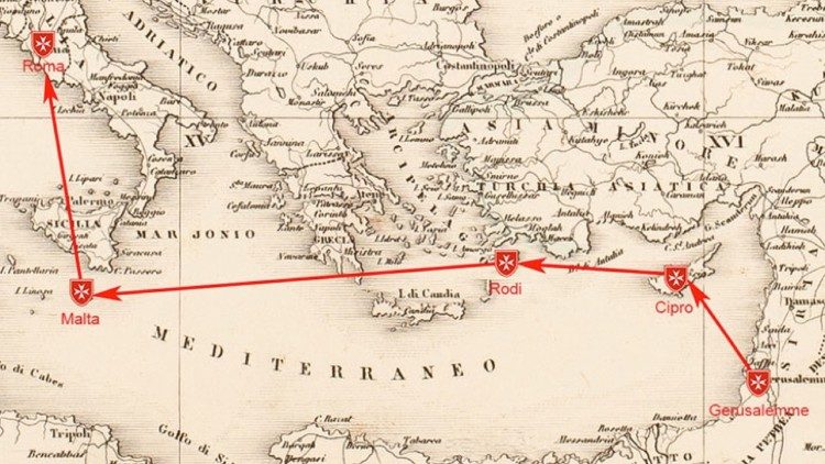 L'itinéraire des Chevaliers de l'Ordre de Malte, de Jérusalem au XIIe siècle à Rome de nos jours. 