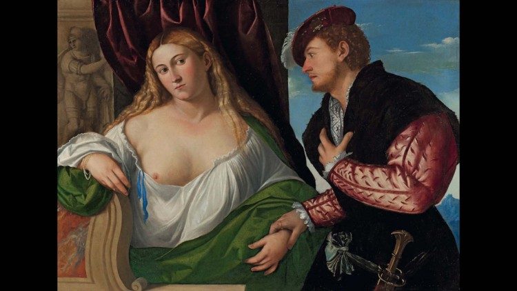 BERNARDINO LICINIO Giovane donna con il suo promesso sposo, 1520 circa  Olio su tavola, 81,3x114,3 cm Parigi, Galerie Canesso