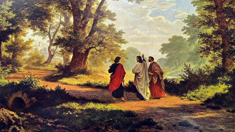 Representação dos discípulos de Emaús com o Senhor Ressuscitado
