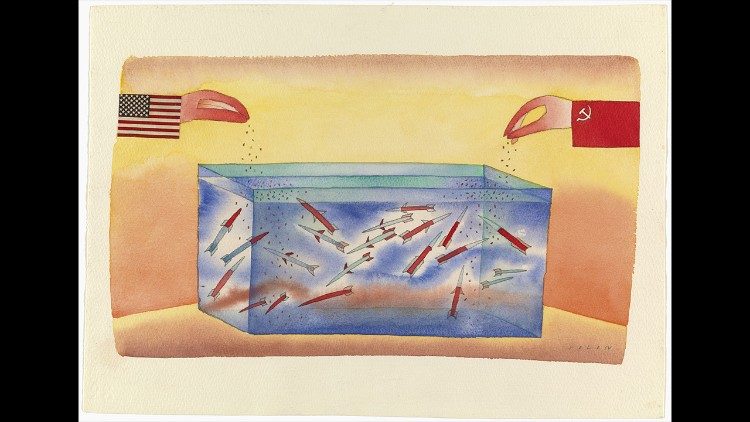 Jean-Michel Folon Toujours plus, 1983 Acquarello e matite colorate