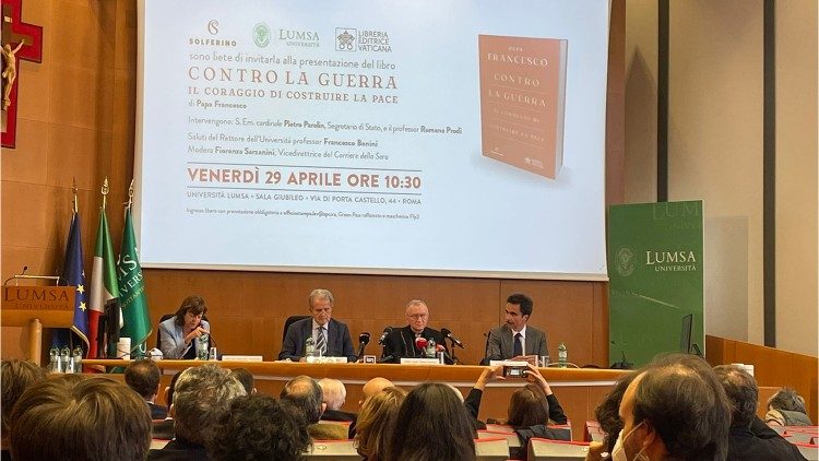 Cardinal Pietro Parolin and former Italian PM Romano Prodi at the presentation Pope Francis' book: "Against War: The Courage to Build Peace” 