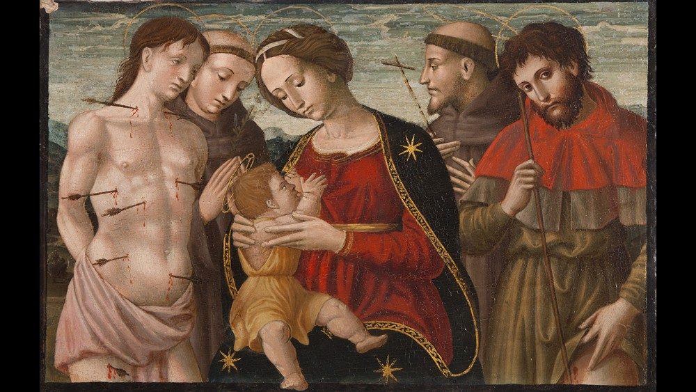 Nicola Filotesio detto Cola dellAmatrice (Amatrice, 1480 - ivi?, post 1547) Madonna che allatta il Bambino con i Santi Sebastiano, Antonio, Francesco e Rocco tempera su tavola Ascoli Piceno, Pinacoteca Civica 