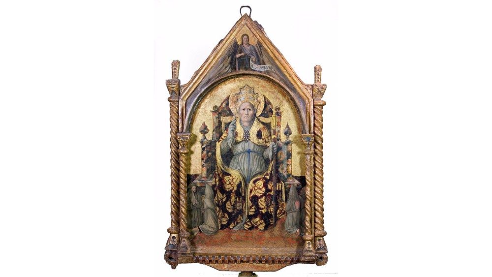 Antonio da Fabriano (Fabriano, XV secolo) Stendardo bifacciale con San Clemente e Madonna con il bambino olio su tavola Genga (AN), Parrocchia di San Clemente, in esposizione presso il Museo Arte, storia e territorio di Genga