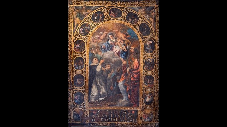 Ludovico Trasi Stendardo con Madonna del Rosario e Santi olio su seta applicata su tela  Ascoli Piceno, Chiesa di San Pietro Martire