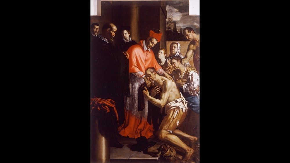 Francesco Guerrieri (Fossombrone, 1589 - 1657) San Carlo Borromeo ricevuto dai nobili Petrucci in abiti da mendici olio su tela Fano (PU), Museo Archeologia e Pinacoteca del Palazzo Malatestiano