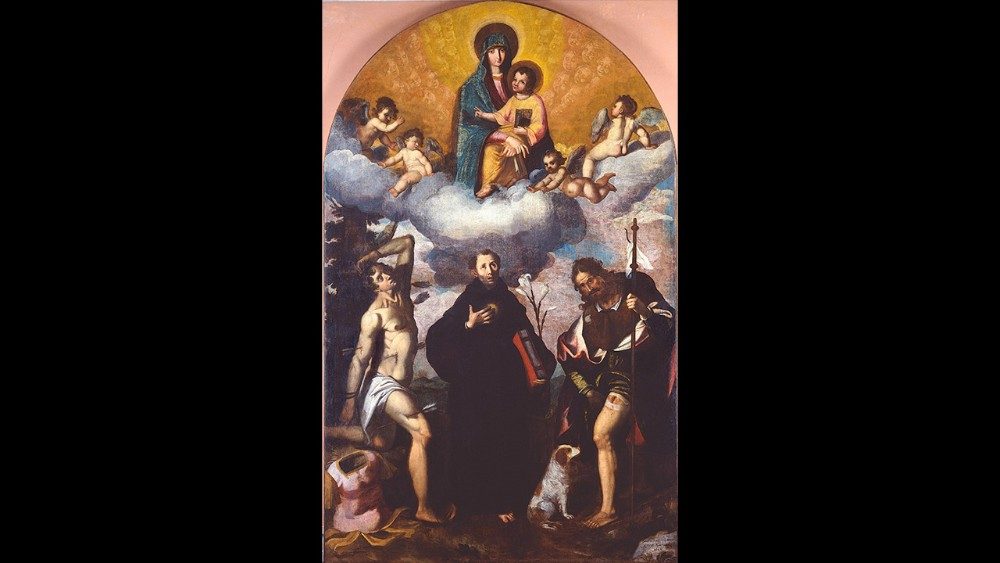 Antonino Sarti (Jesi, 1580 - 1647) La Madonna con i santi Rocco, Sebastiano e Nicola da Tolentino olio su tela Jesi (AN), Musei Civici di Palazzo Pianetti
