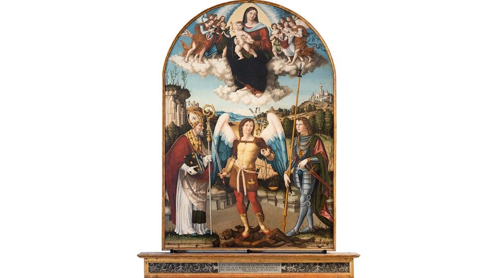 Vincenzo Pagani (Monterubbiano, 1490 circa - 1568) Madonna con San Michele, Martino e Giorgio  olio su tavola  Ripatransone (AP), Pinacoteca Civica Uno Gera (l'opera attualmente  in deposito presso la Galleria Nazionale delle Marche)