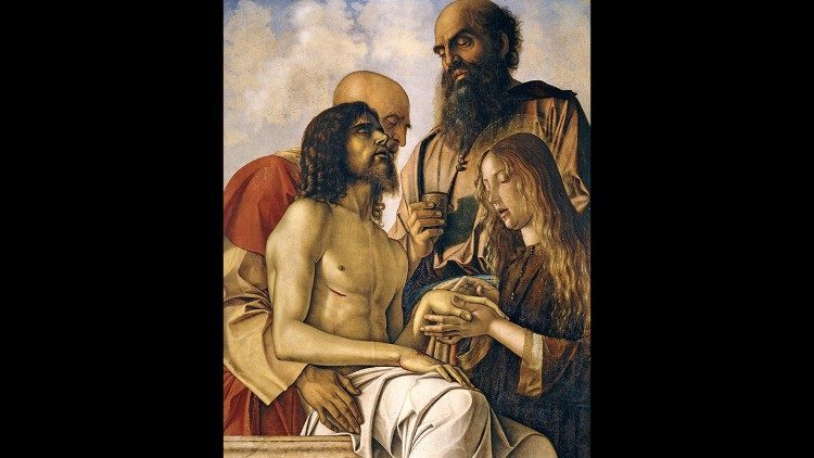 Giovanni Bellini. Duelo por Cristo muerto con los santos José de Arimatea, Nicodemo y María Magdalena