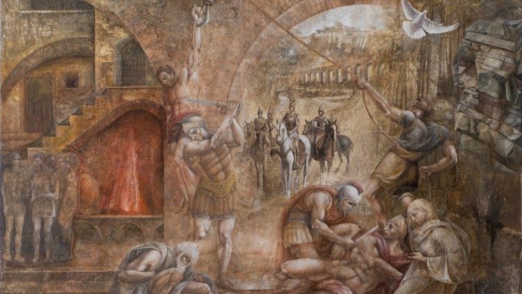 L'affresco di Elvio Marchionni che raffigura il martirio dei santi Mario, Marta e dei figli Abaco e Audiface