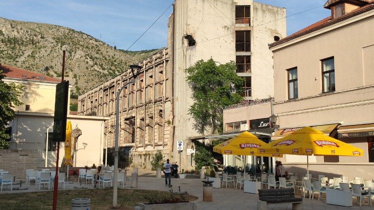 Traces of war still visible on buildings in the center of Mostar