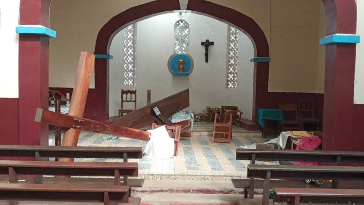 The vandalised Church of Santa Isabel de Gabu in the Diocese de Bafata, Guinea Bissau.
