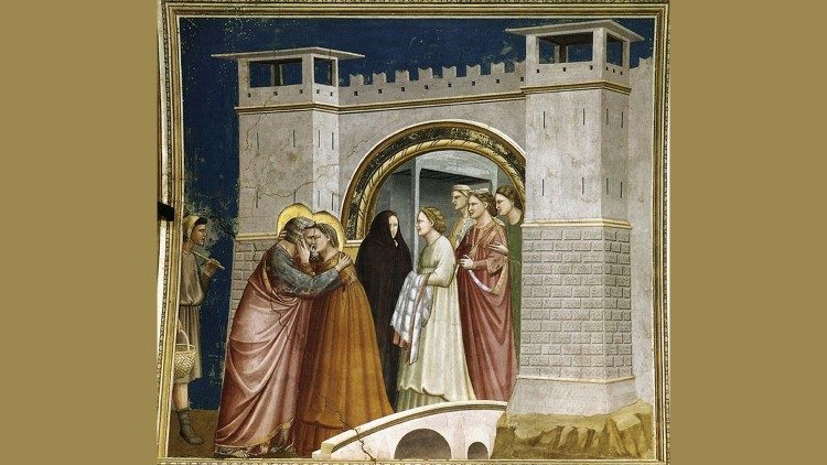 Giotto di Bondone, incontro di Anna e Gioacchino alla Porta Aurea, 1303- 1305. Cappella degli Scrovegni, Padova 