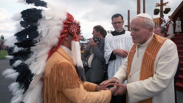 Pope John Paul II meets with the indigenous peoples living in Canada, 1984