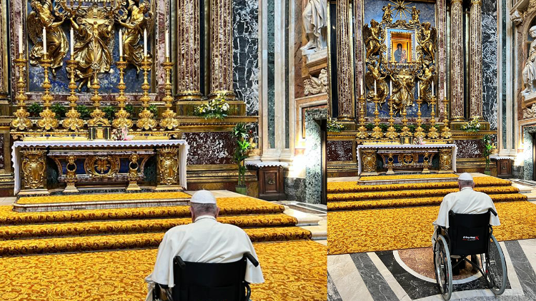 Papa Francisco reza diante o ícone mariano na Basílica Santa Maria Maior