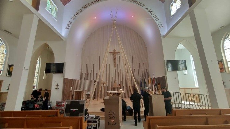 Preparations underway in the Church of the Sacred Heart in Edmonton