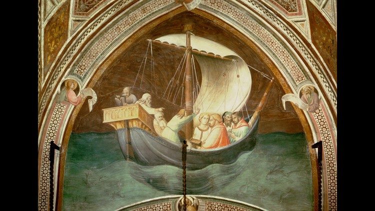 Agnolo Gaddi, Viaggio verso l'Italia da Gerusalemme di Michele (che sostiene la cestina contenente la reliquia) e la moglie Maria; affresco (1392-1395), cappella del Sacro Cingolo nella cattedrale di Prato