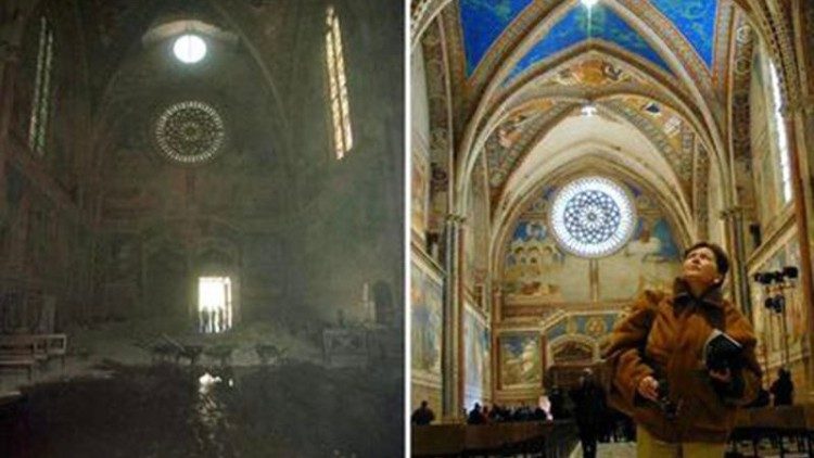 La volta crollata della Basilica di San Francesco ad Assisi, e il restauro, completato in poco più di due anni (Ansa)