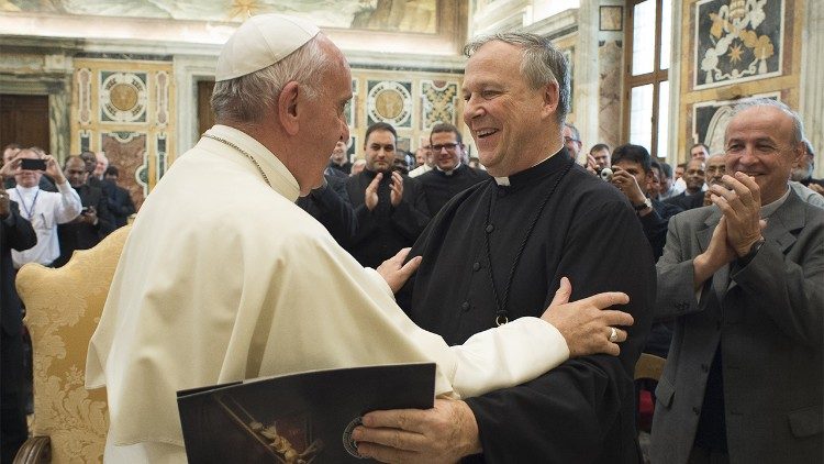 Fr. Louis Lougen, OMI, with Pope Francis during an audience on 7 October 2016