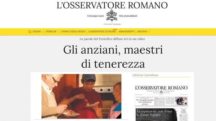 Una pagina dell'Osservatore Romano intitolata: "Gli anziani, maestri di tenerezza"