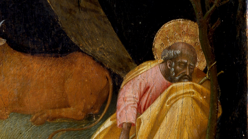 Giovanni di Paolo (Siena c. 1395/1400 - 1482), La Natividad y el anuncio a los pastores, compartimento de la predela, c. 1440, tempera sobre madera, 39,5 x 46,6 x 3 cm, ? Museos Vaticanos