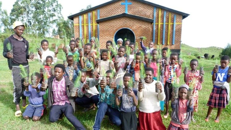 Some of the children involved in the tree planting exercise.