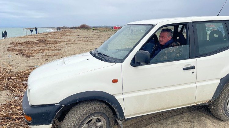Vincenzo in his white Nissan on Cutro beach