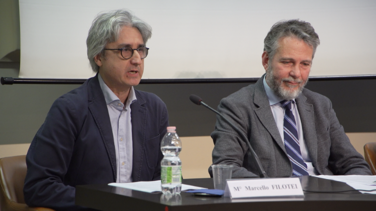 Composer Marcello Filotei and producer Marco Di Battista at the press conference for "7"