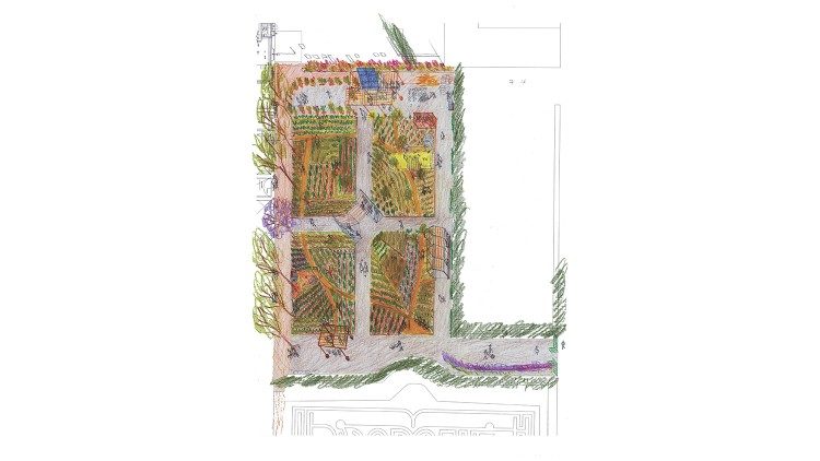 Bozzetto di studio per lorto e le installazioni nel giardino del monastero benedettino. ©studio Albori