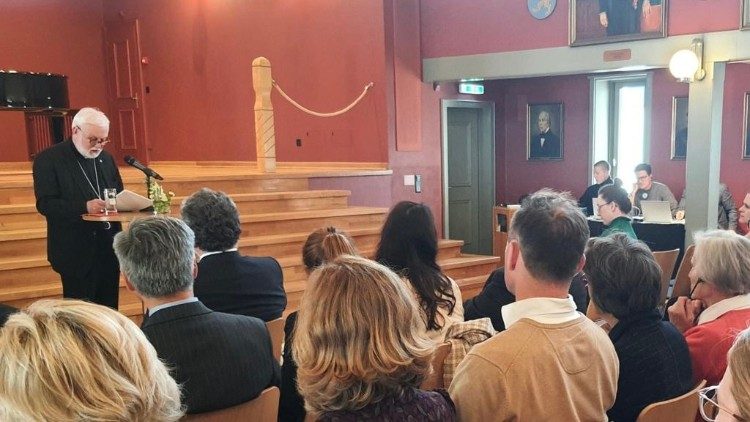 Archbishop Paul Richard Gallagher speaking at the Conference in Diplomacy and the Gospel in Vaduz, Liechtenstein