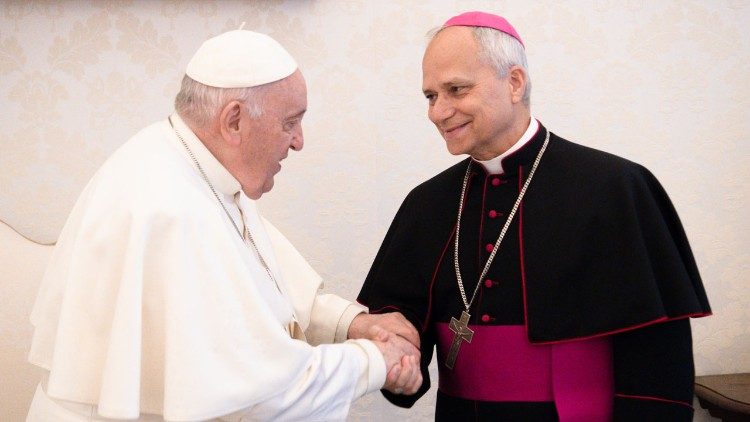 Archbishop Robert Francis Prevost, the new prefect for the Dicastery for Bishops, with MAP Francis